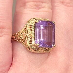 Vintage 10K Art Deco Style Amethyst Ring, Size 9, Large Filigree, Klein Luxury